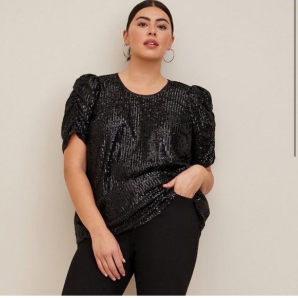 torrid Tops - NWT New Torrid Black Sequin Ruched Sleeve Top Size 12 Large 0